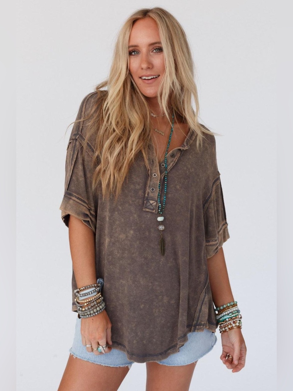 NWT Three Bird Nest Time Flies Round Hem Top Large Mineral Washed Ribbed Henley